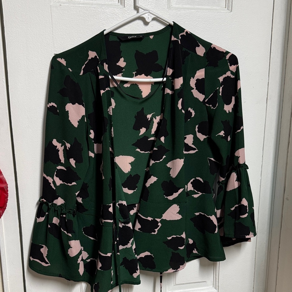Only Green Floral Wrap Ruffle Top